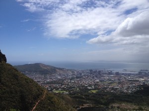 View of the city bowl on the way up Table Mountain.